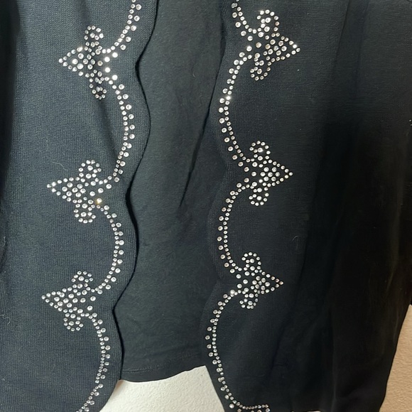 Bob Mackie black Cardigan Sweater with attached shell and rhinestone trim 1X - Picture 2 of 8